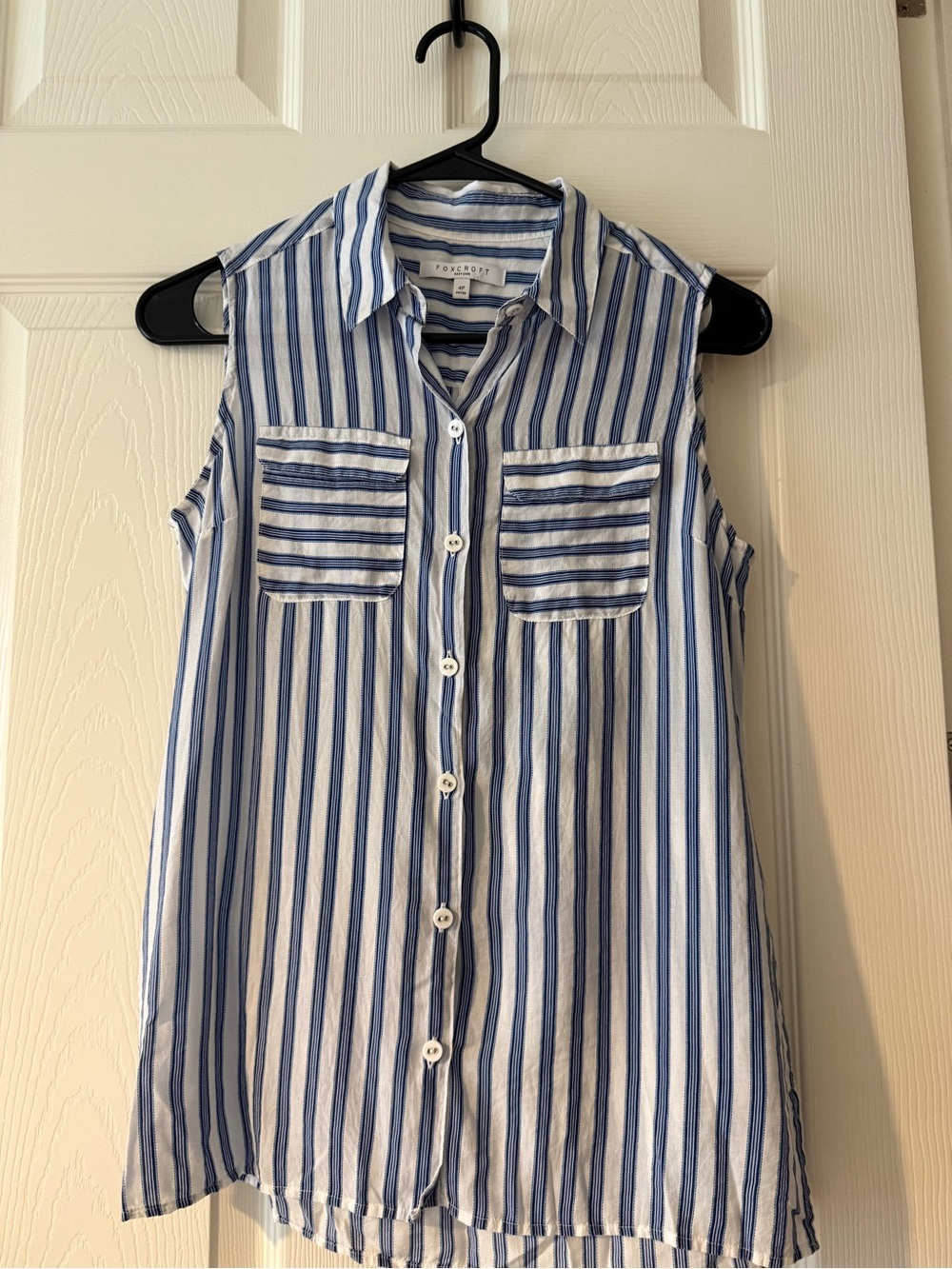 Foxcroft Sleeveless Vertical Stripe Button-Down Top - Blue & White